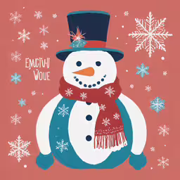 a large snowman in top hat and scarf,an illustration of a snowman wearing a red hat and scarf