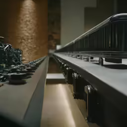 a counter with a lot of machines and wires on it