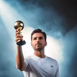 a man holding a golden trophy in his hand