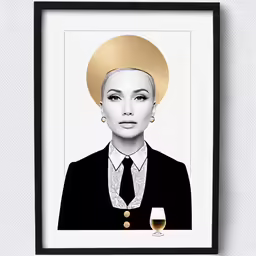 a woman with a glass in her hand and a gold - colored frame