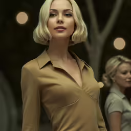 the woman in the brown shirt is standing next to the woman in the grey shirt