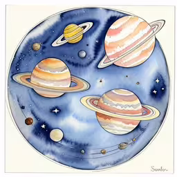 a painting of the solar system with a lot of planets,a painting of various solar system, in blue and red