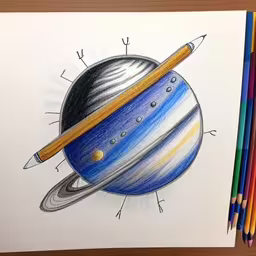 a drawing of the solar system with pencils,a drawing with a pencil of a saturn,a drawing of the planets is shown with colored pencils,an art project with two colored pencils and a drawing of the planet,colored pencils are sitting on a notebook and a drawing of a ball with two stars