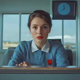 woman sitting at desk looking out window with clock in background