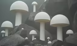an artistic group of white mushrooms that are standing on rocks