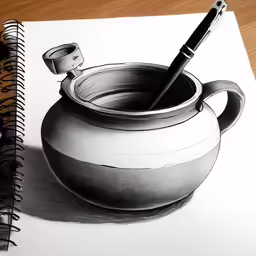 a drawing of a teapot and a pen