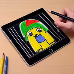 a tablet that has been drawn with some crayons,a drawing of a yellow dog is on top of a tablet