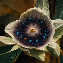 a large flower with dark blue center and green leaves