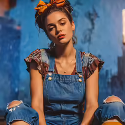 a woman with denim overalls sits on the ground wearing a bowknot