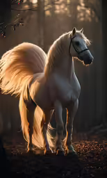 the horse is standing out in the woods
