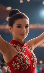 a woman in a red evening dress is holding her arms behind her head
