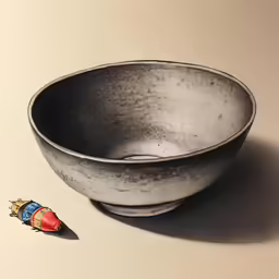 a large metal bowl sits on the floor with a lighter next to it