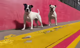 two dogs on the sidewalk with their paws up