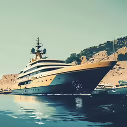 a large blue and white boat near some hills