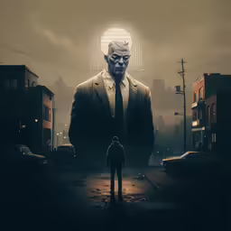 a man wearing a suit standing in front of a giant face