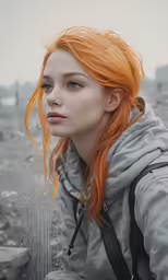 a woman with red hair in an outdoor setting