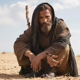 a man in brown sitting on a sandy beach