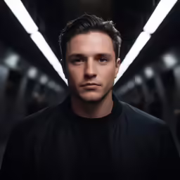 a man is in an empty room with a neon strip