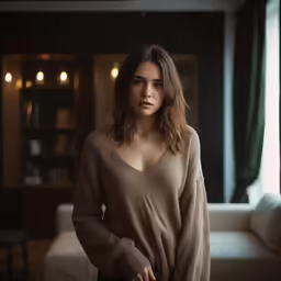 the woman is posing for a photo in the dark