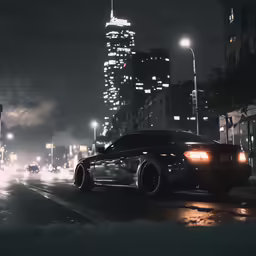 a black car is driving on the road at night