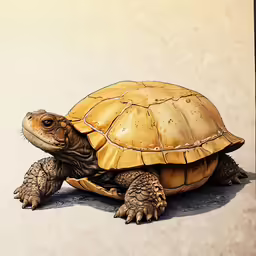 an orange turtle sitting on the ground with a white background