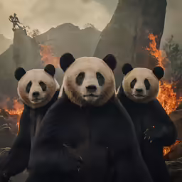 three black and white pandas stand by some rocks
