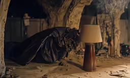 a creepy looking creature is in a living room, hiding behind a lamp