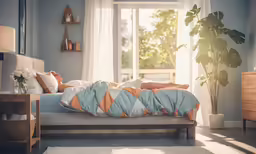 a bed covered with blue covers and pillowcase