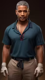 a male in a green shirt and some brown pants