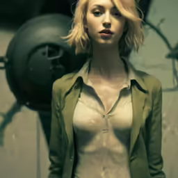 the young lady is in a white shirt and green jacket