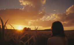 a person looks down at a sunset on the prairie
