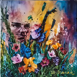 a drawing of a face surrounded by flowers