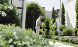 an older man walks along a lush lawn