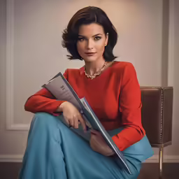 a woman in a red top holding a book