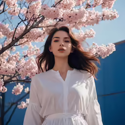 a woman is standing in front of flowers wearing a white shirt