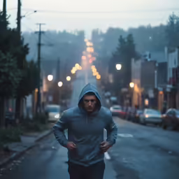 man running in the rain on a road during sunset