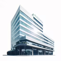 the front view of a tall modern building