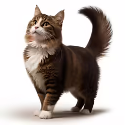 a brown and white cat with a white tail