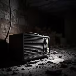 an old black radio set resting on the floor of an abandoned building