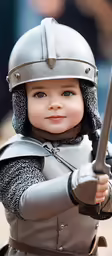 a toddler dressed in knight gear holds a sword and wears a helmet