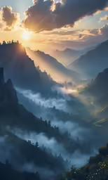 a sunset over mountains and foggy forest