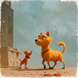 a dog and a cat stand on a sandy beach