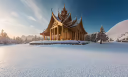 a very large building sitting in the middle of some snow