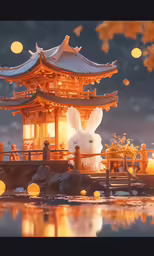 a rabbit in front of a pagoda with lights around it