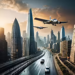 the plane is over looking the cars driving down the street