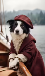 a dog with a hat and cape on sits at the deck of a sailboat