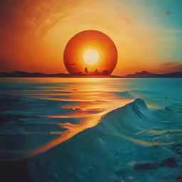 the sun sets over an island in an ocean with waves