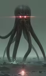 an underwater scene with a giant octopus standing on water