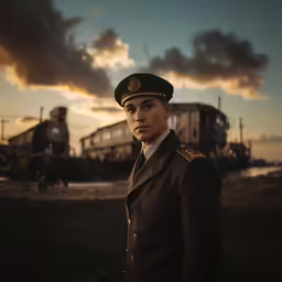 the pilot is posing for this portrait near a train