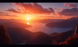 a sunset over the ocean with clouds and mountains